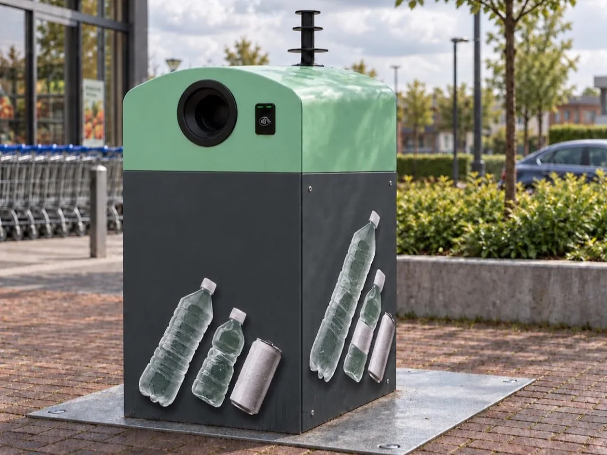 De Pop it in DOCK, vast opgesteld op een plein voor een supermarkt