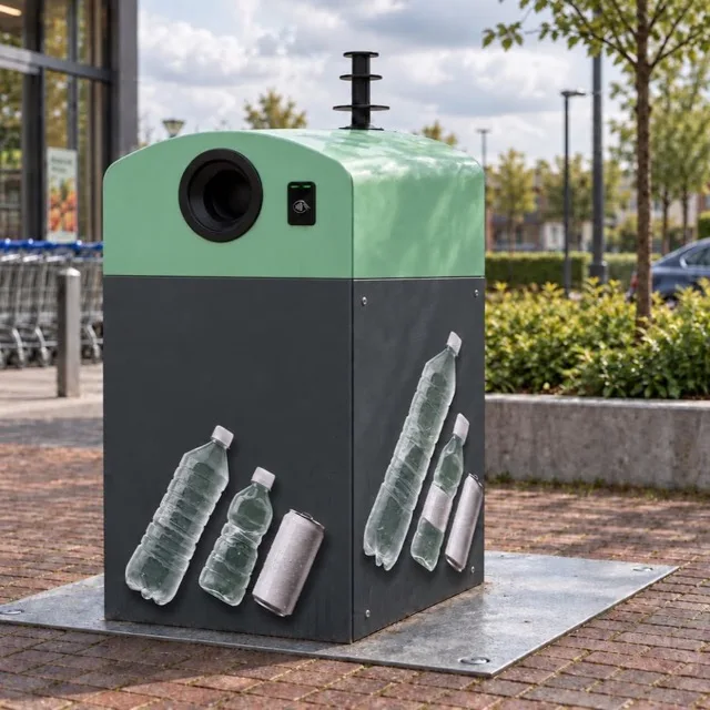 De DOCK vast opgesteld op een plein voor een winkel
