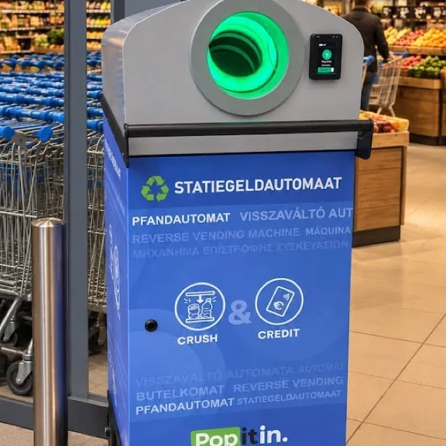 De NOMAD op wielen bij de ingang van een supermarkt