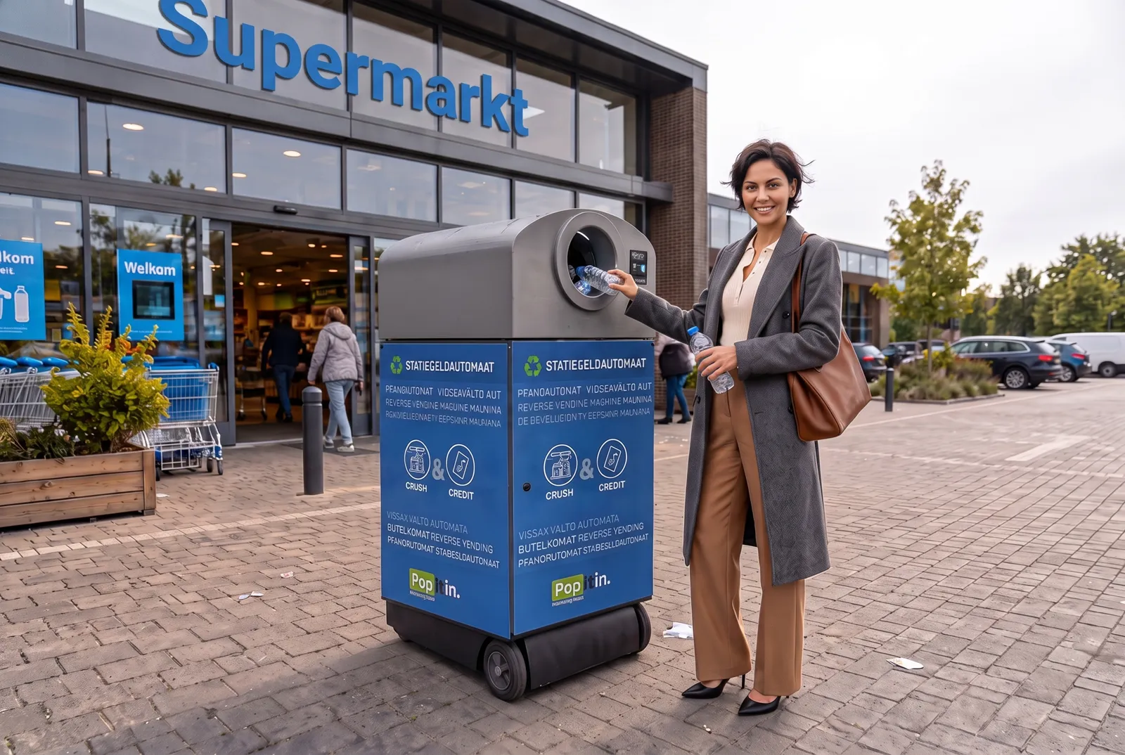 Een klant levert een fles in bij de Pop it in machine voor de supermarkt