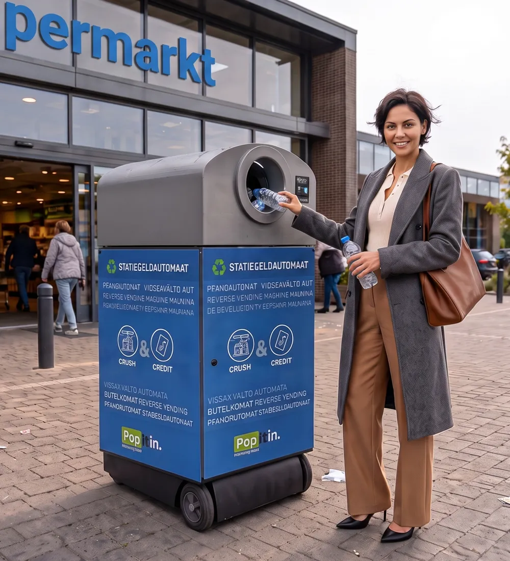 Klant levert een fles in bij de Pop it in machine voor de supermarkt