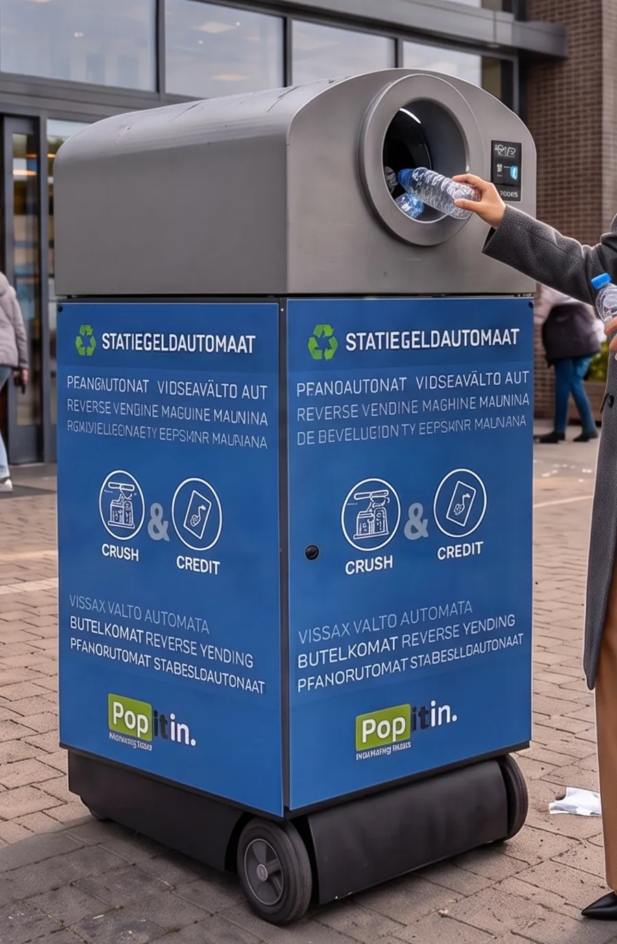 De Pop it in machine van dichtbij, met een fles die in de ronde inworpopening gaat