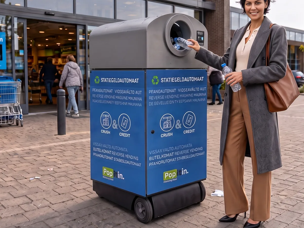 De Pop it in NOMAD op wielen bij een winkelingang, met een klant die een fles inlevert