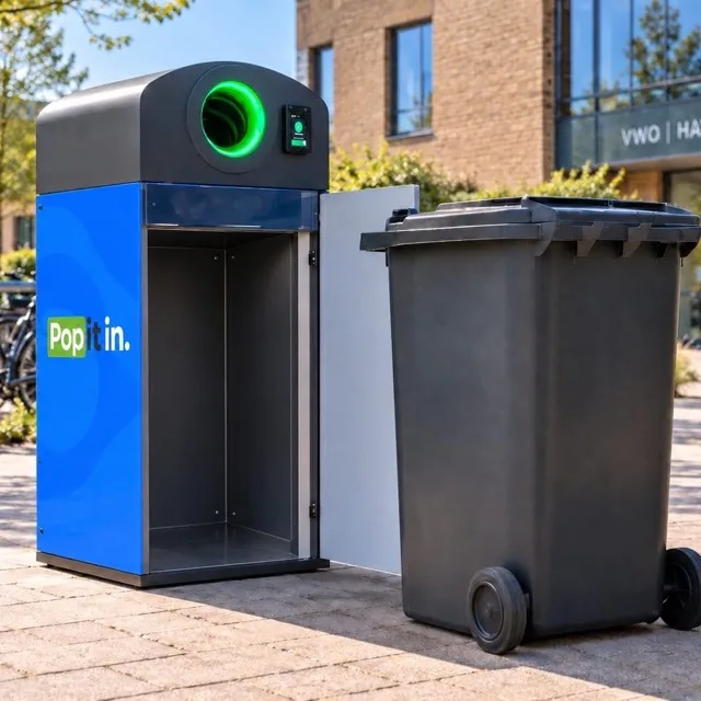 De TITAN buiten opgesteld naast een afvalcontainer